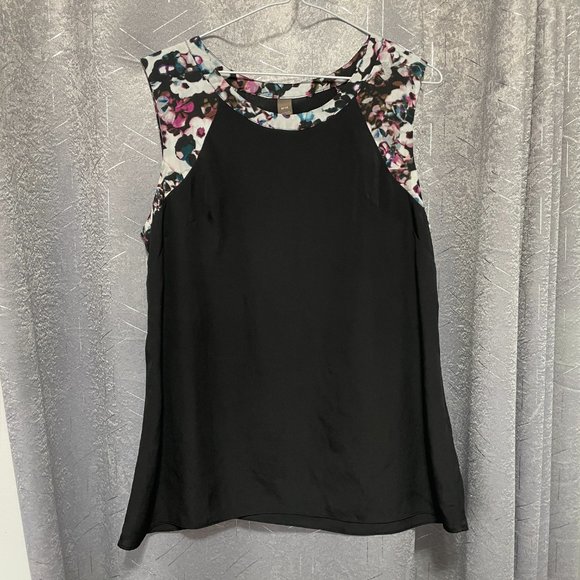 Black Sleeveless High-Neck Satin-y Dress Shirt w/ Abstract Floral Pattern Sz M - Picture 3 of 5